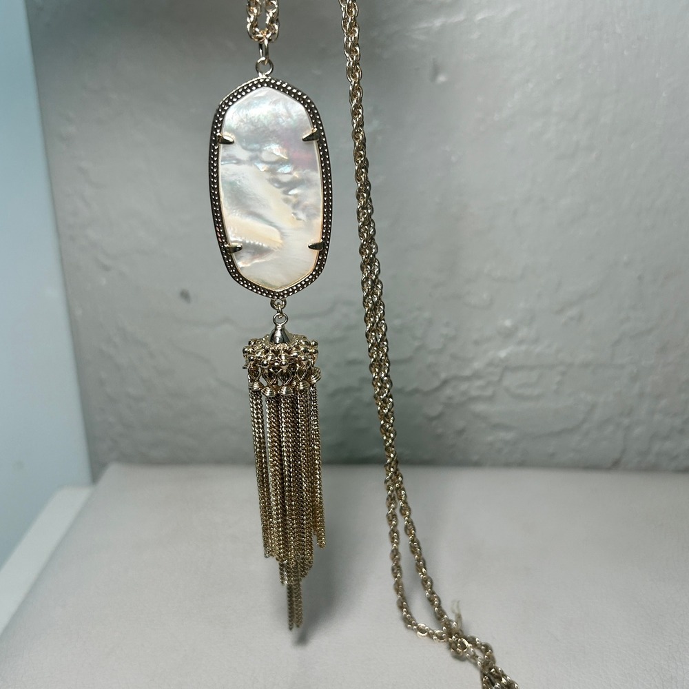 Kendra Scott Rayne Necklace White Mother of Pearl Stone Gold Tassel Pendant